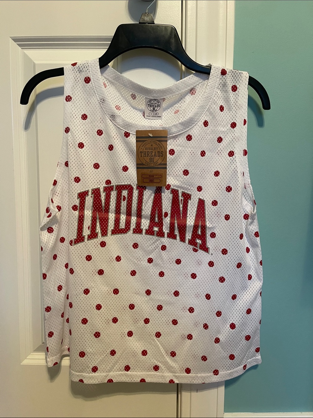 Rivalry Threads White Mesh Tank with Red Polka Dots and INDIANA Graphic